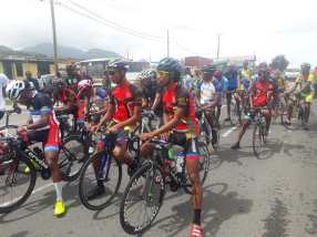 Competitors of the Organization of Eastern Caribbean States at the starting line prior to the OECS Cycling Championship in Dominica, July 1, 2018. Six OECS countries participated in the nearly 60-mile long event hosted by the Dominica Cycling Association.